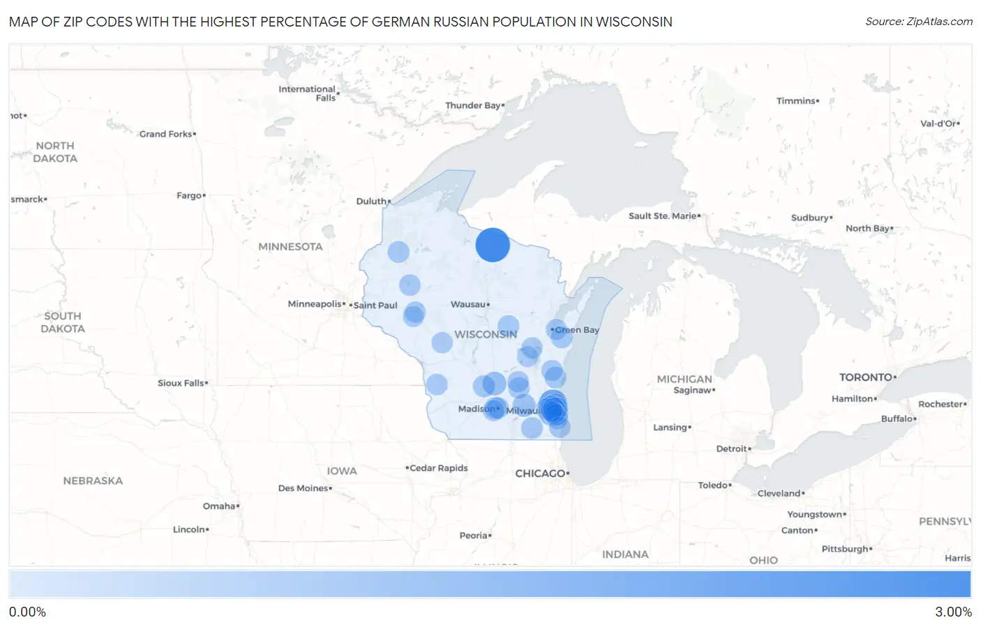 Zip Codes with the Highest Percentage of German Russian Population in Wisconsin Map