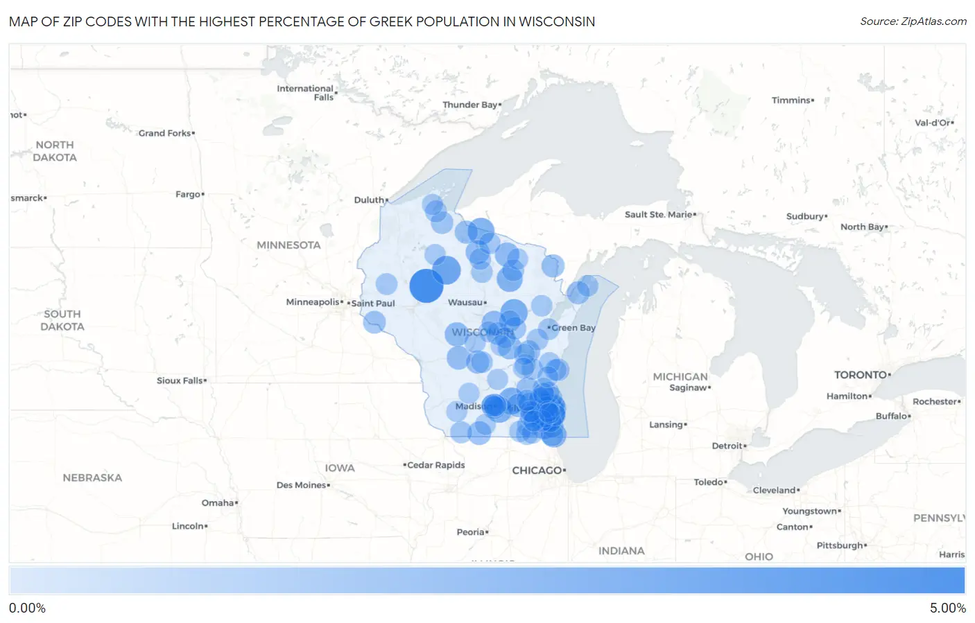 Zip Codes with the Highest Percentage of Greek Population in Wisconsin Map