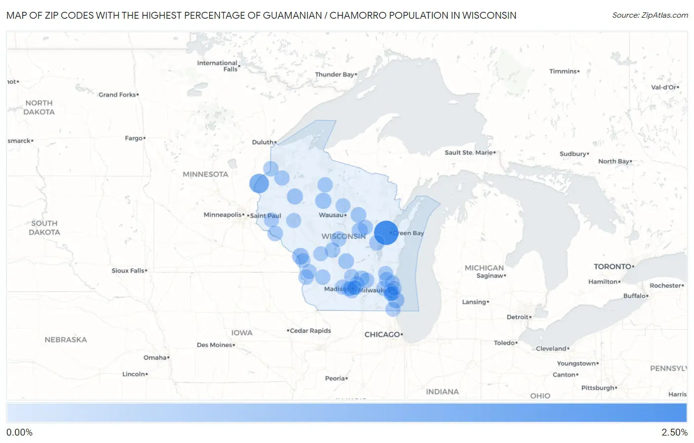 Zip Codes with the Highest Percentage of Guamanian / Chamorro Population in Wisconsin Map