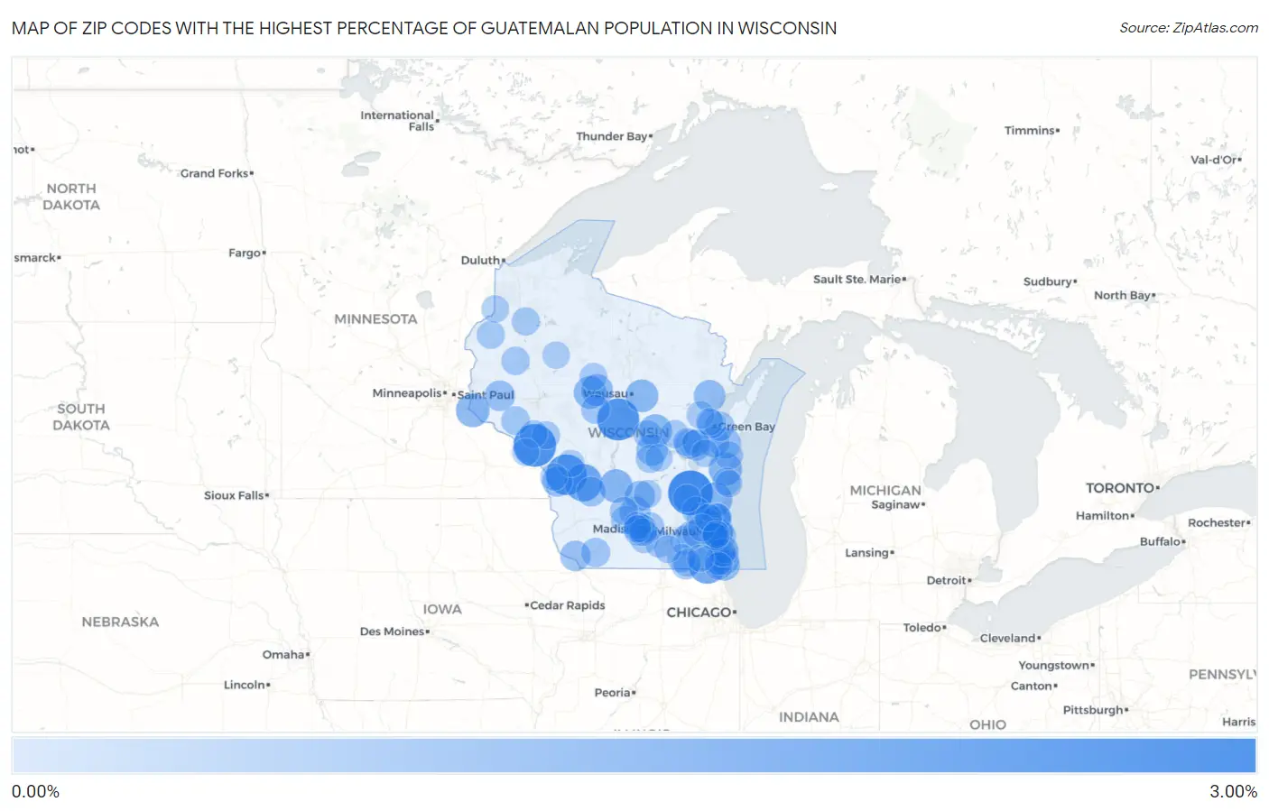 Zip Codes with the Highest Percentage of Guatemalan Population in Wisconsin Map