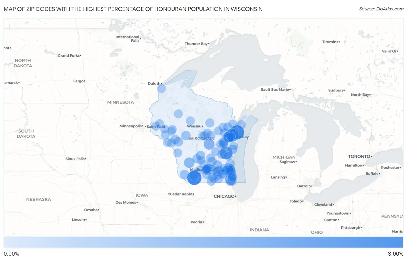 Zip Codes with the Highest Percentage of Honduran Population in Wisconsin Map
