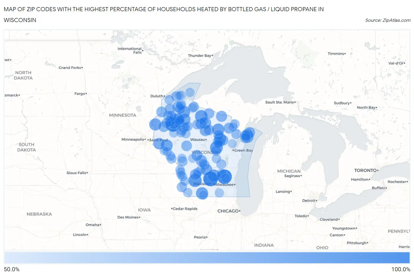 Zip Codes with the Highest Percentage of Households Heated by Bottled Gas / Liquid Propane in Wisconsin Map