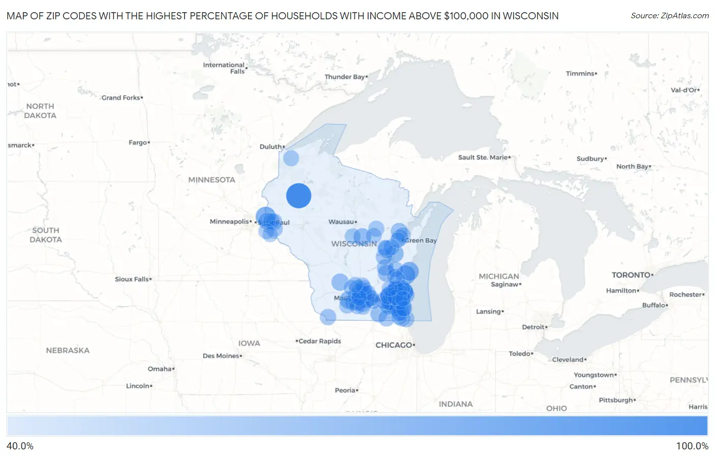 Zip Codes with the Highest Percentage of Households with Income Above $100,000 in Wisconsin Map