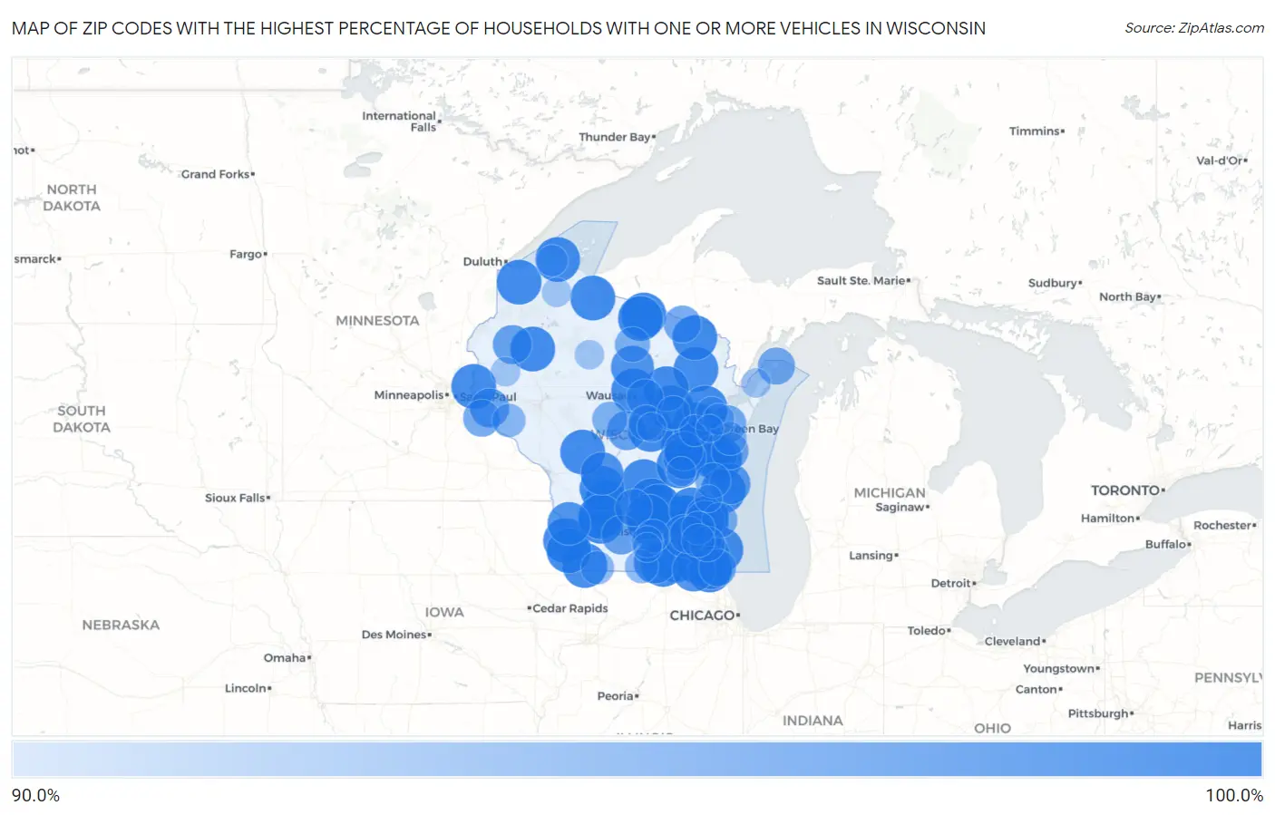 Zip Codes with the Highest Percentage of Households With One or more Vehicles in Wisconsin Map