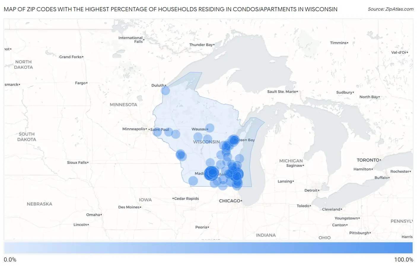 Zip Codes with the Highest Percentage of Households Residing in Condos/Apartments in Wisconsin Map