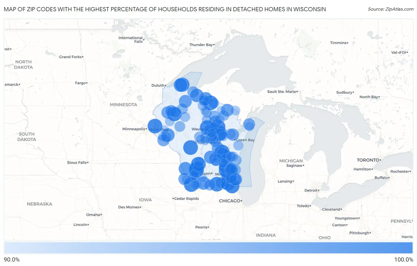 Zip Codes with the Highest Percentage of Households Residing in Detached Homes in Wisconsin Map