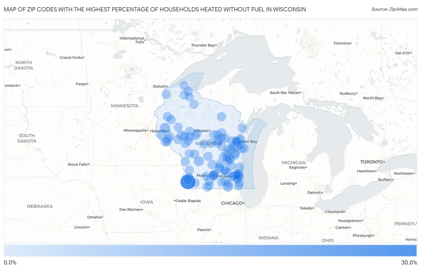 Zip Codes with the Highest Percentage of Households Heated without Fuel in Wisconsin Map