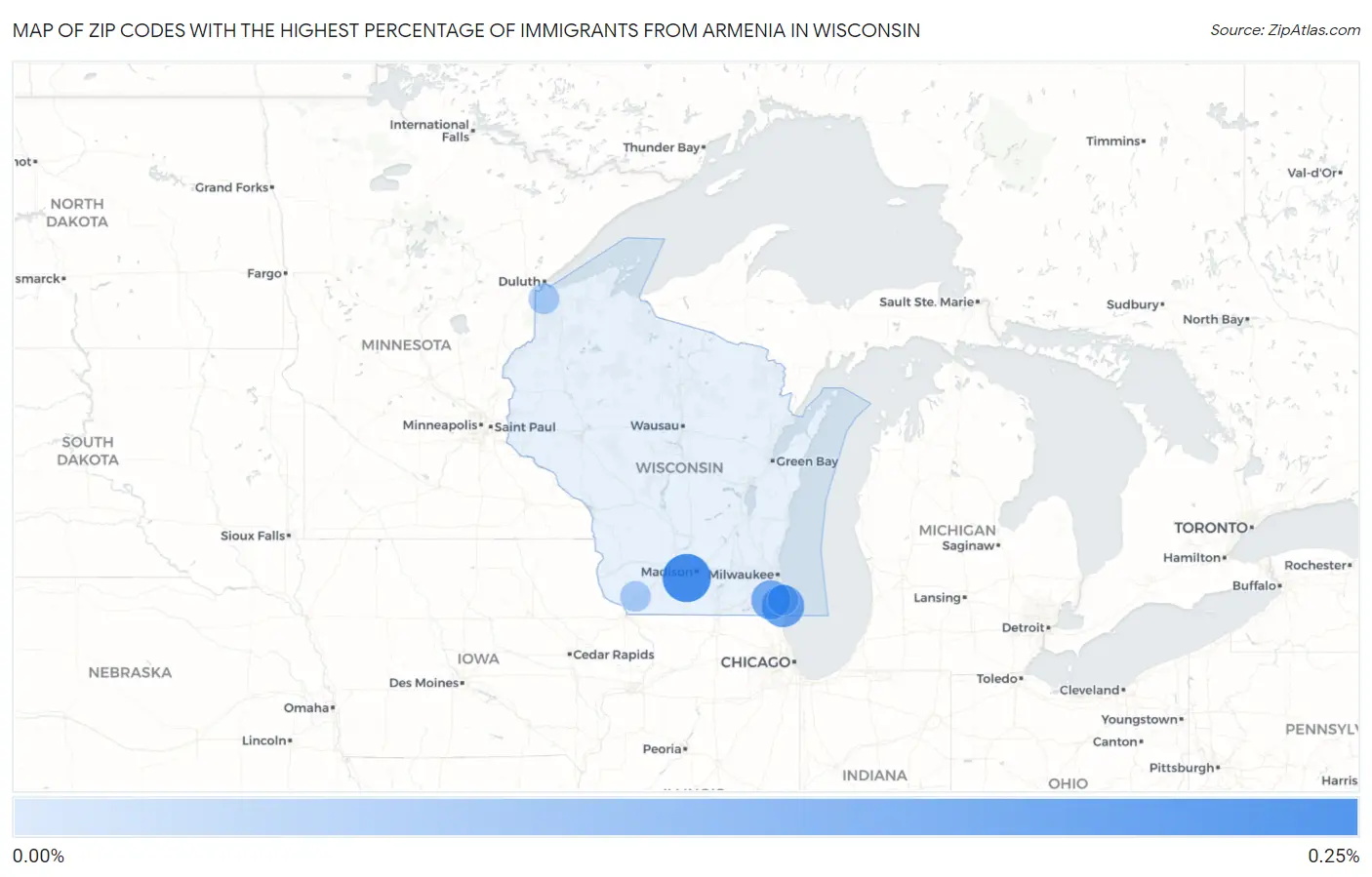 Zip Codes with the Highest Percentage of Immigrants from Armenia in Wisconsin Map