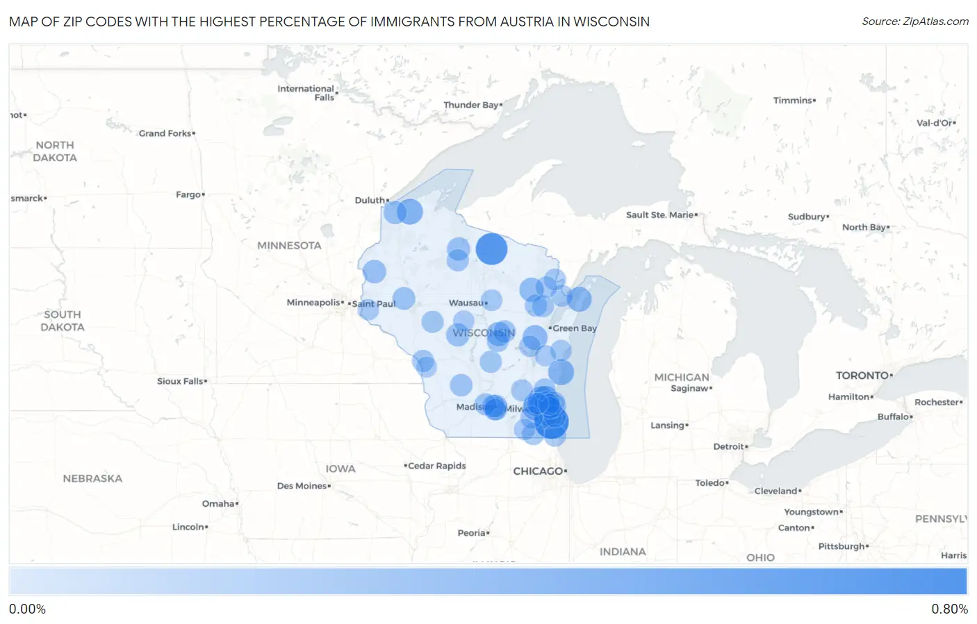 Zip Codes with the Highest Percentage of Immigrants from Austria in Wisconsin Map