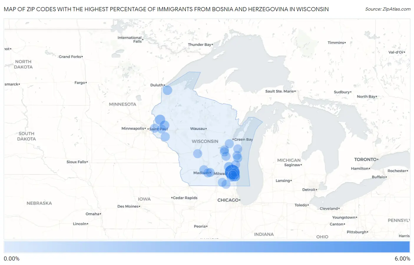 Zip Codes with the Highest Percentage of Immigrants from Bosnia and Herzegovina in Wisconsin Map