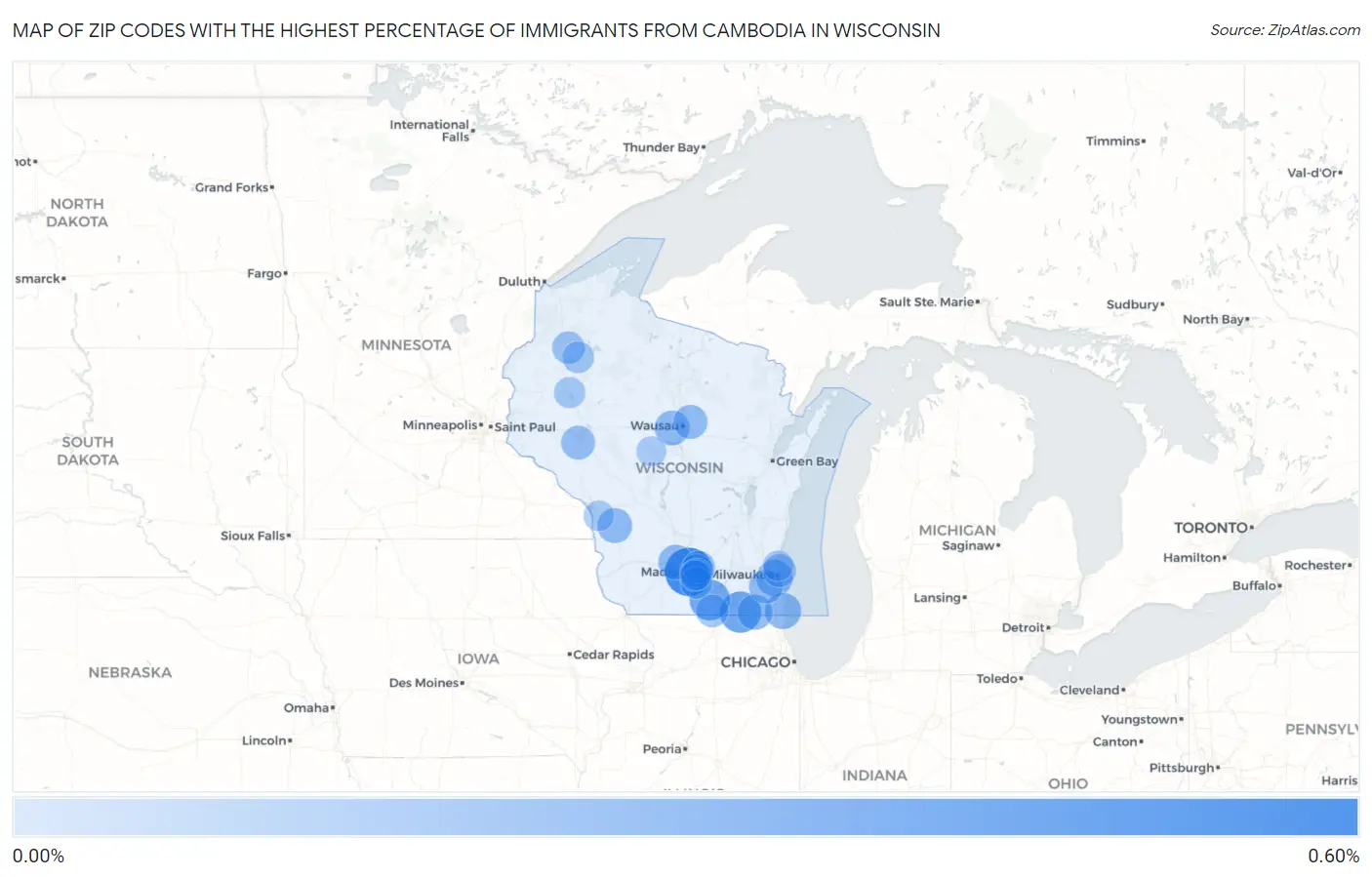 Zip Codes with the Highest Percentage of Immigrants from Cambodia in Wisconsin Map
