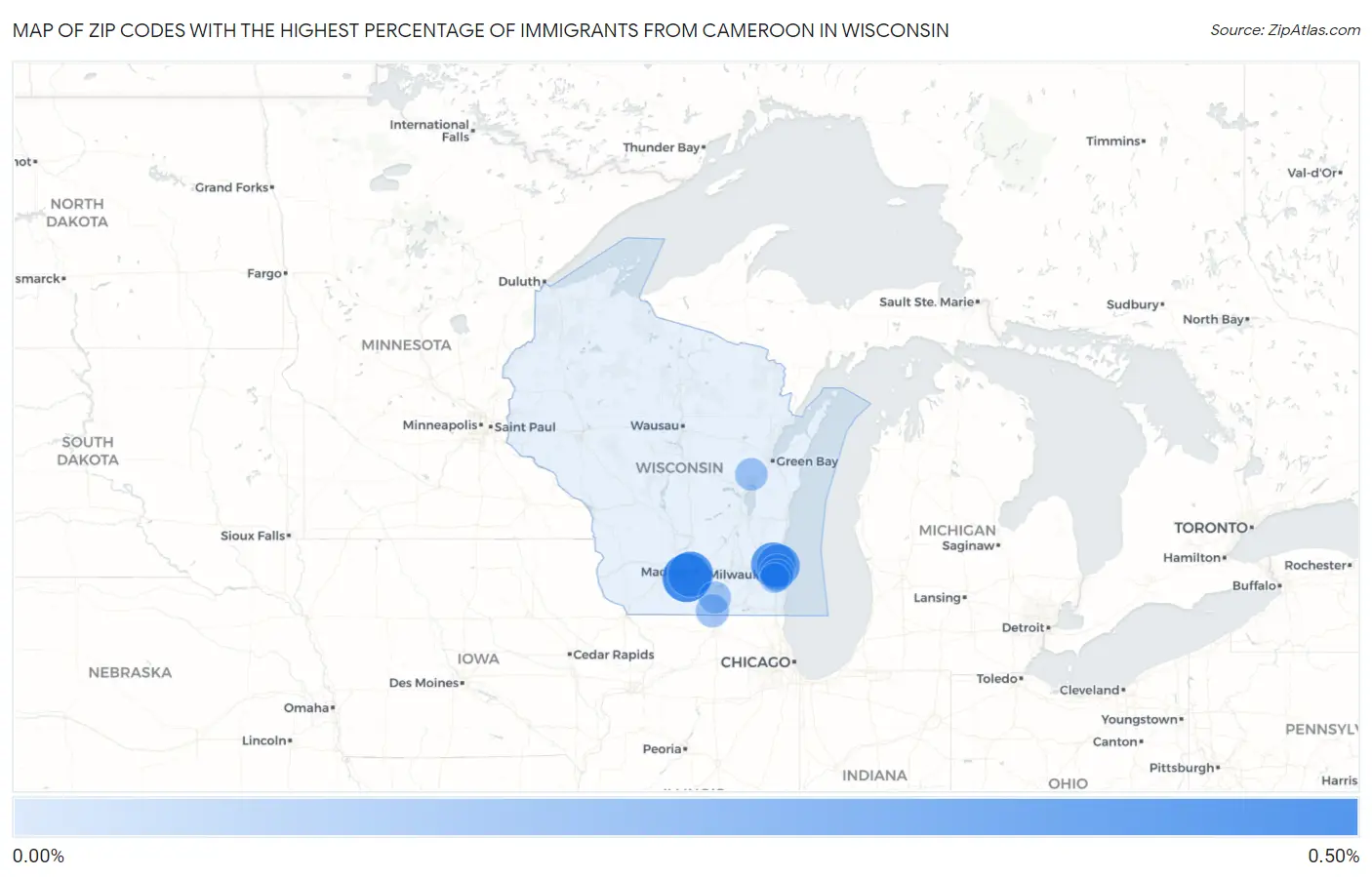 Zip Codes with the Highest Percentage of Immigrants from Cameroon in Wisconsin Map