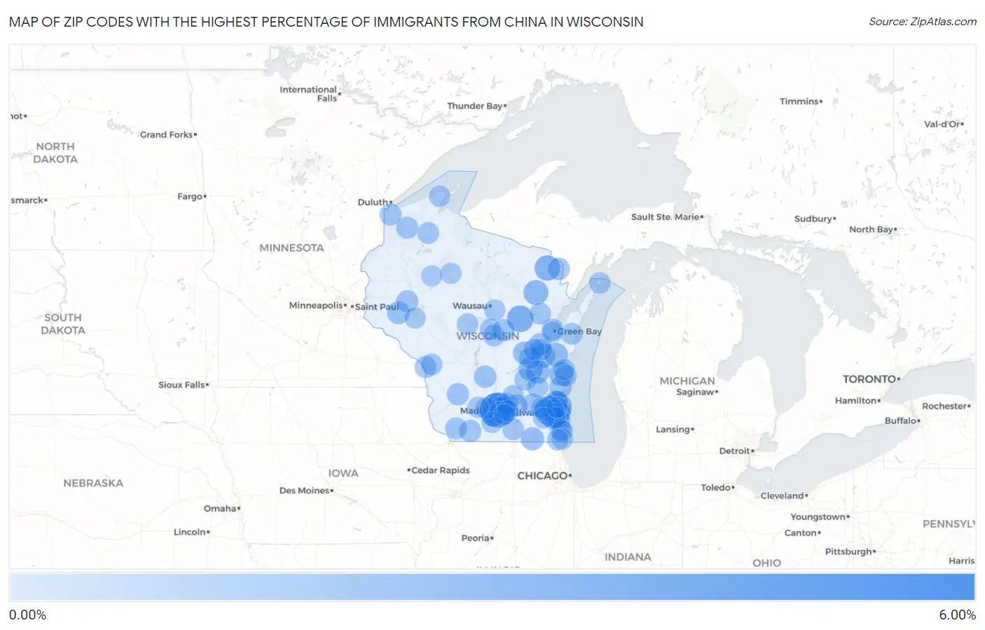 Zip Codes with the Highest Percentage of Immigrants from China in Wisconsin Map