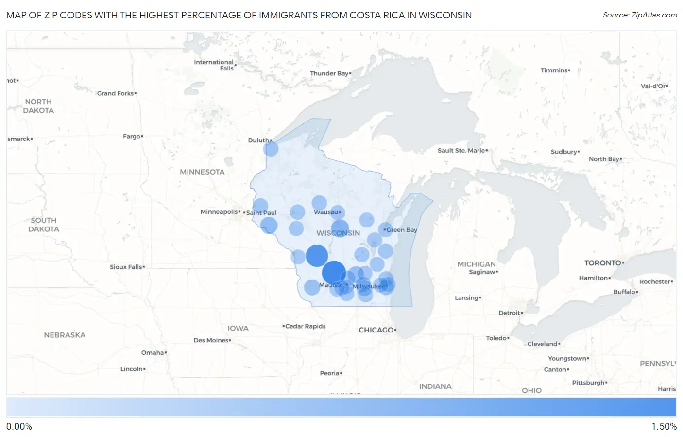Zip Codes with the Highest Percentage of Immigrants from Costa Rica in Wisconsin Map