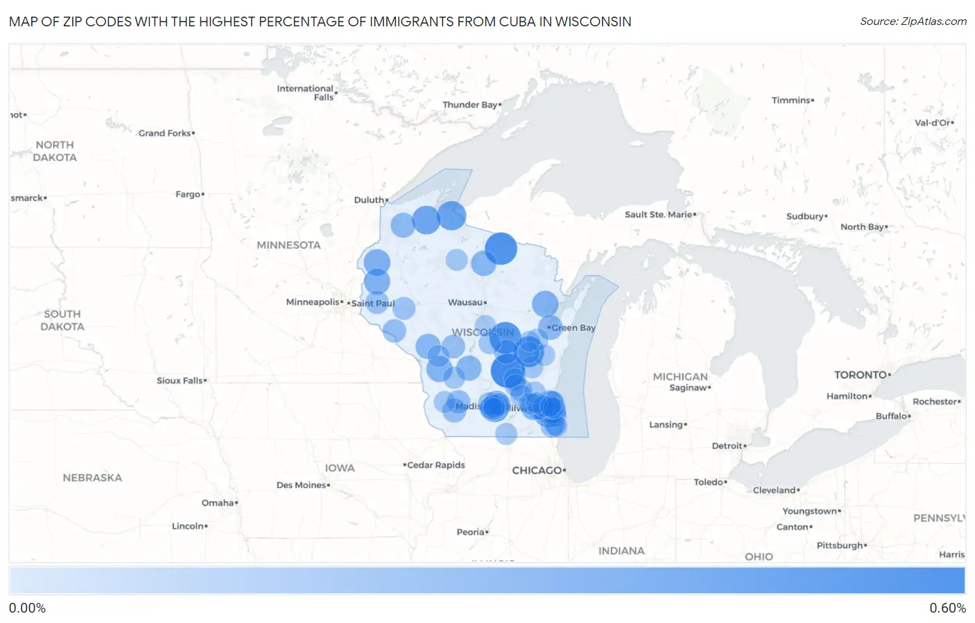 Zip Codes with the Highest Percentage of Immigrants from Cuba in Wisconsin Map