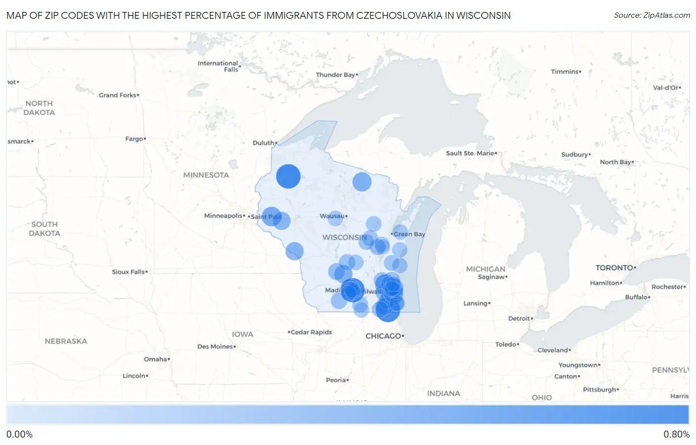 Zip Codes with the Highest Percentage of Immigrants from Czechoslovakia in Wisconsin Map