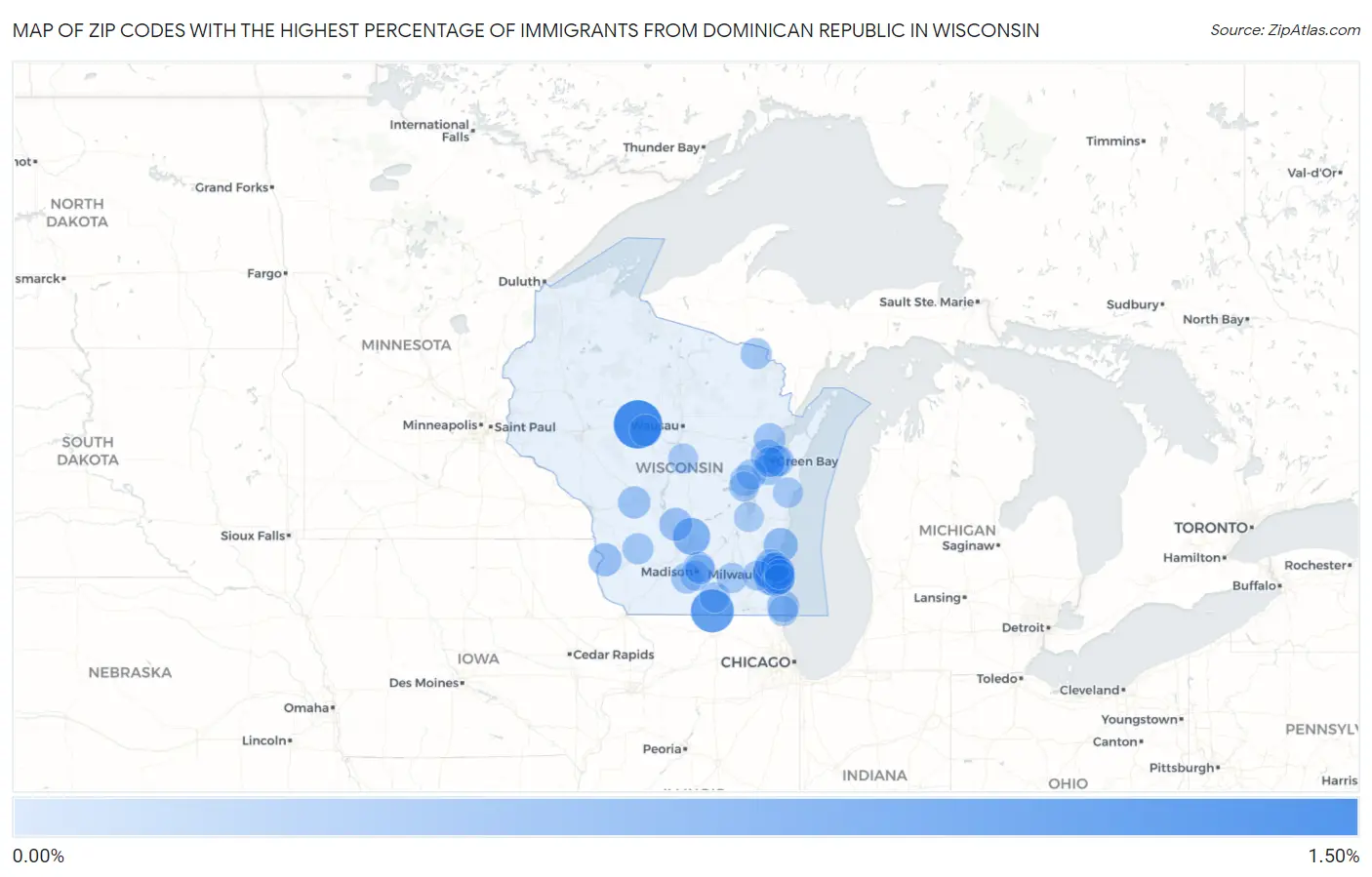 Zip Codes with the Highest Percentage of Immigrants from Dominican Republic in Wisconsin Map