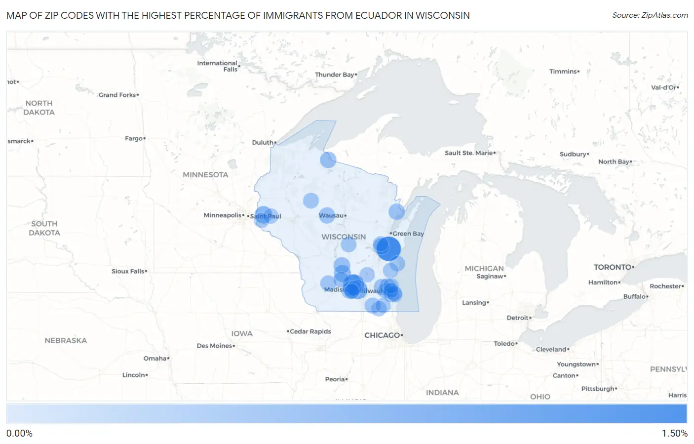 Zip Codes with the Highest Percentage of Immigrants from Ecuador in Wisconsin Map