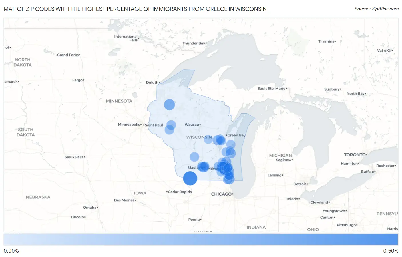 Zip Codes with the Highest Percentage of Immigrants from Greece in Wisconsin Map