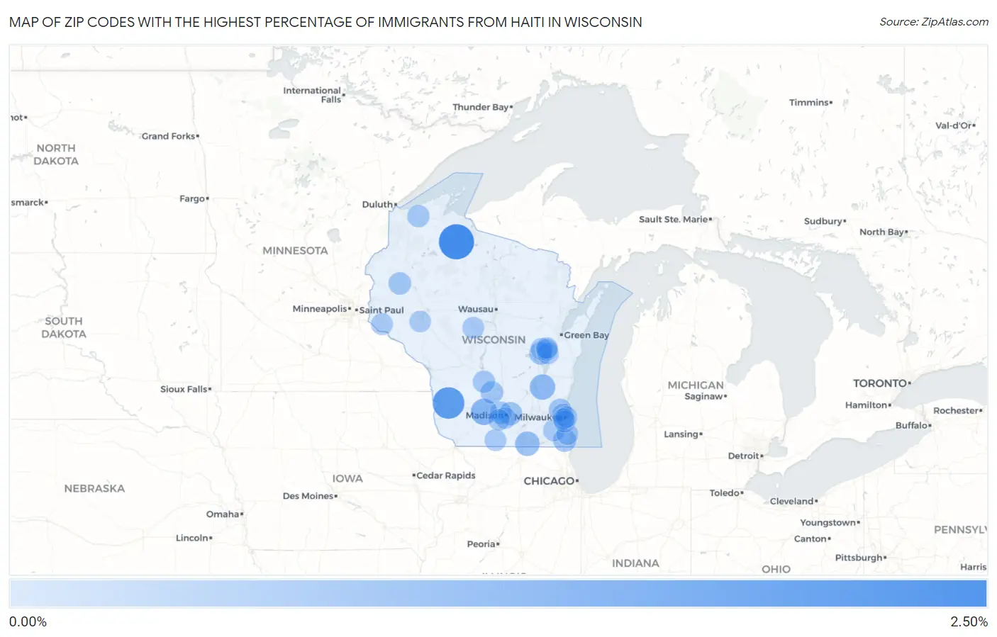 Zip Codes with the Highest Percentage of Immigrants from Haiti in Wisconsin Map