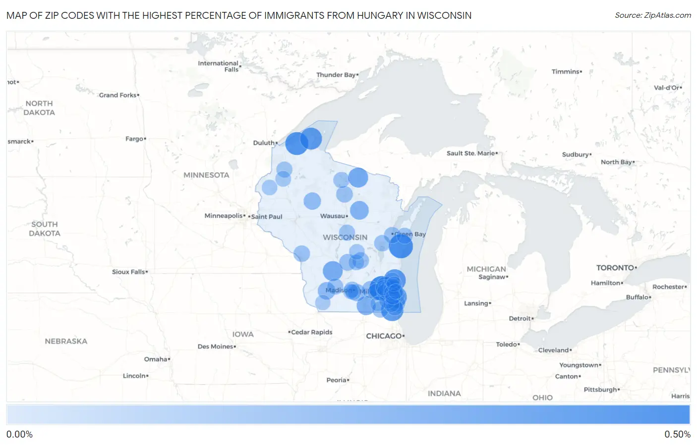 Zip Codes with the Highest Percentage of Immigrants from Hungary in Wisconsin Map