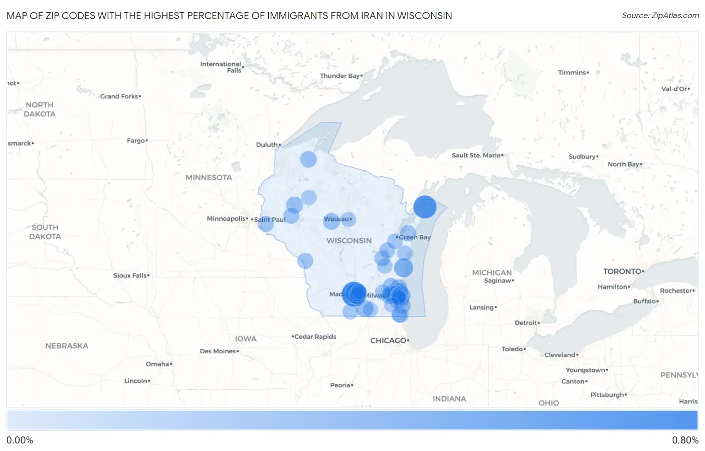 Zip Codes with the Highest Percentage of Immigrants from Iran in Wisconsin Map