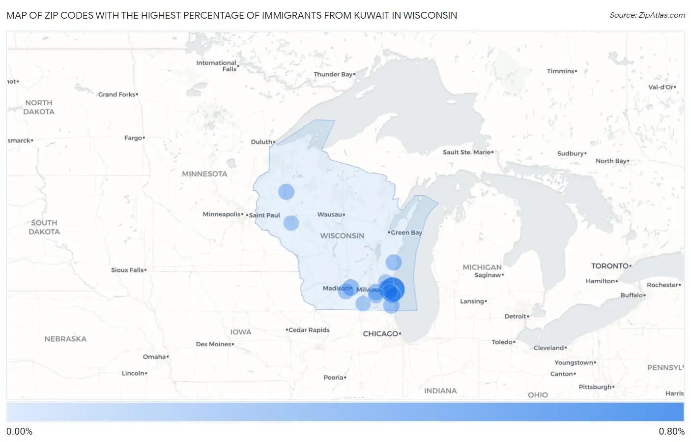 Zip Codes with the Highest Percentage of Immigrants from Kuwait in Wisconsin Map