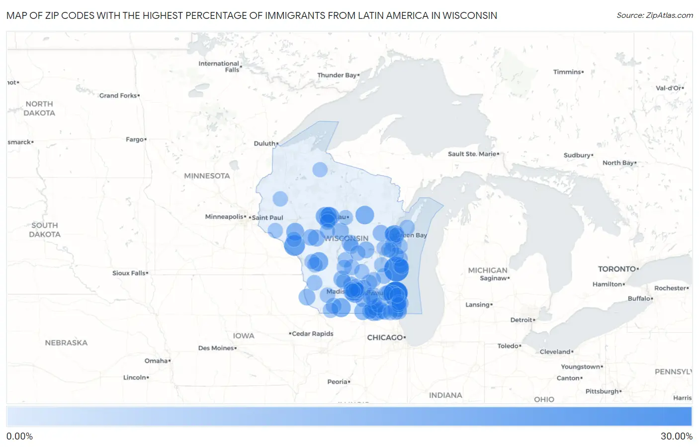 Zip Codes with the Highest Percentage of Immigrants from Latin America in Wisconsin Map
