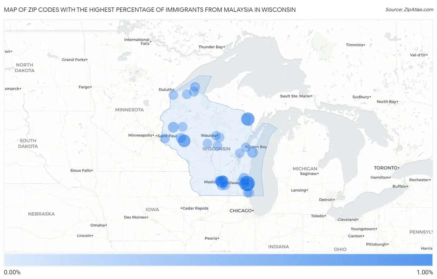 Zip Codes with the Highest Percentage of Immigrants from Malaysia in Wisconsin Map