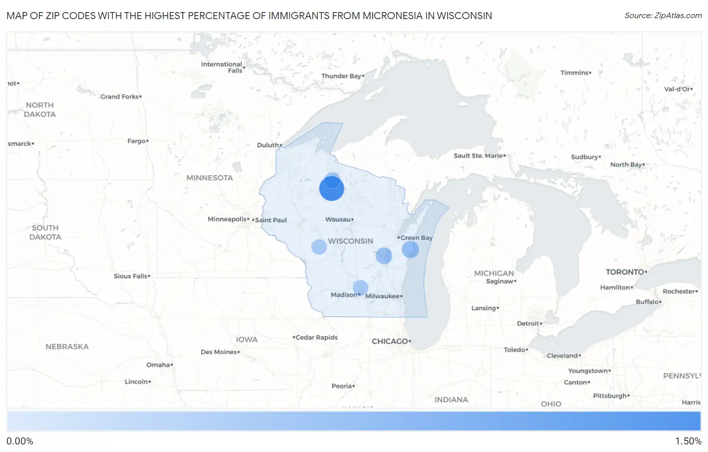 Zip Codes with the Highest Percentage of Immigrants from Micronesia in Wisconsin Map