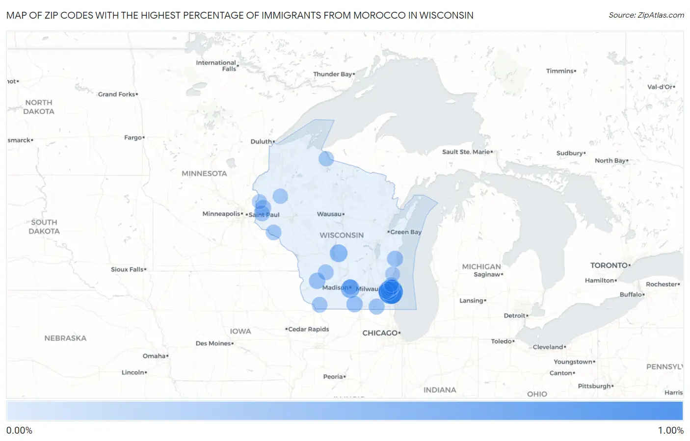 Zip Codes with the Highest Percentage of Immigrants from Morocco in Wisconsin Map