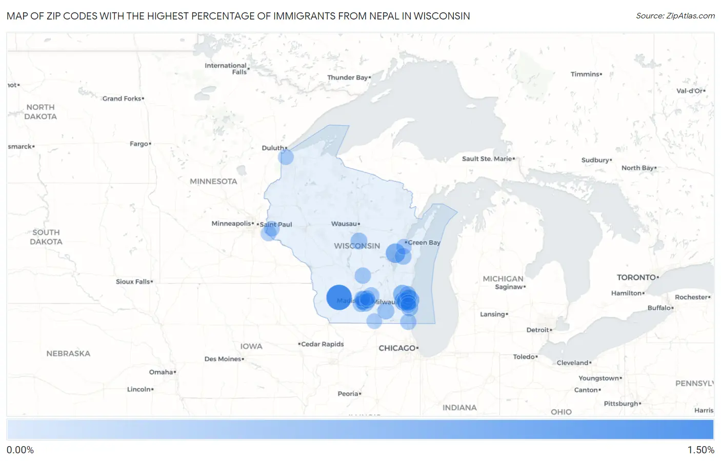 Zip Codes with the Highest Percentage of Immigrants from Nepal in Wisconsin Map