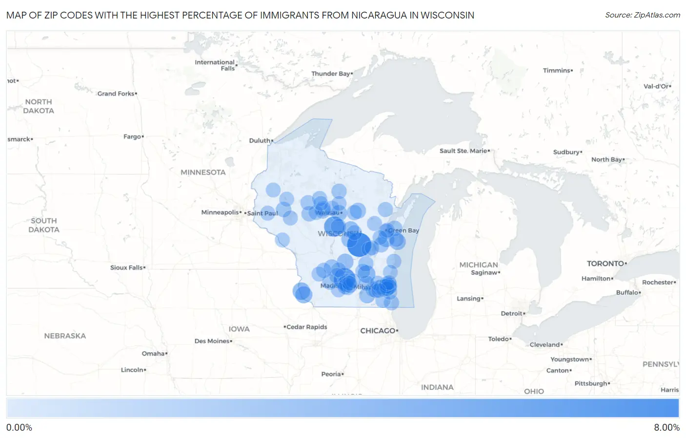 Zip Codes with the Highest Percentage of Immigrants from Nicaragua in Wisconsin Map