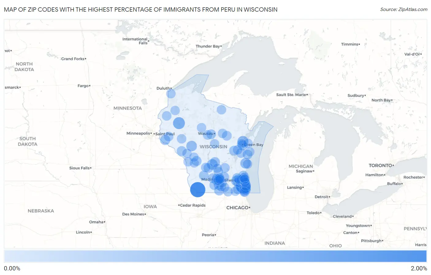 Zip Codes with the Highest Percentage of Immigrants from Peru in Wisconsin Map