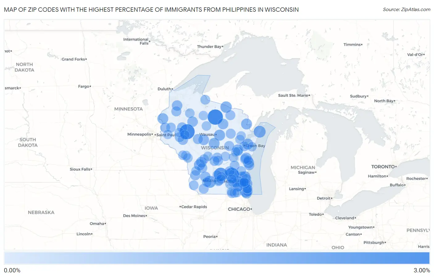 Zip Codes with the Highest Percentage of Immigrants from Philippines in Wisconsin Map