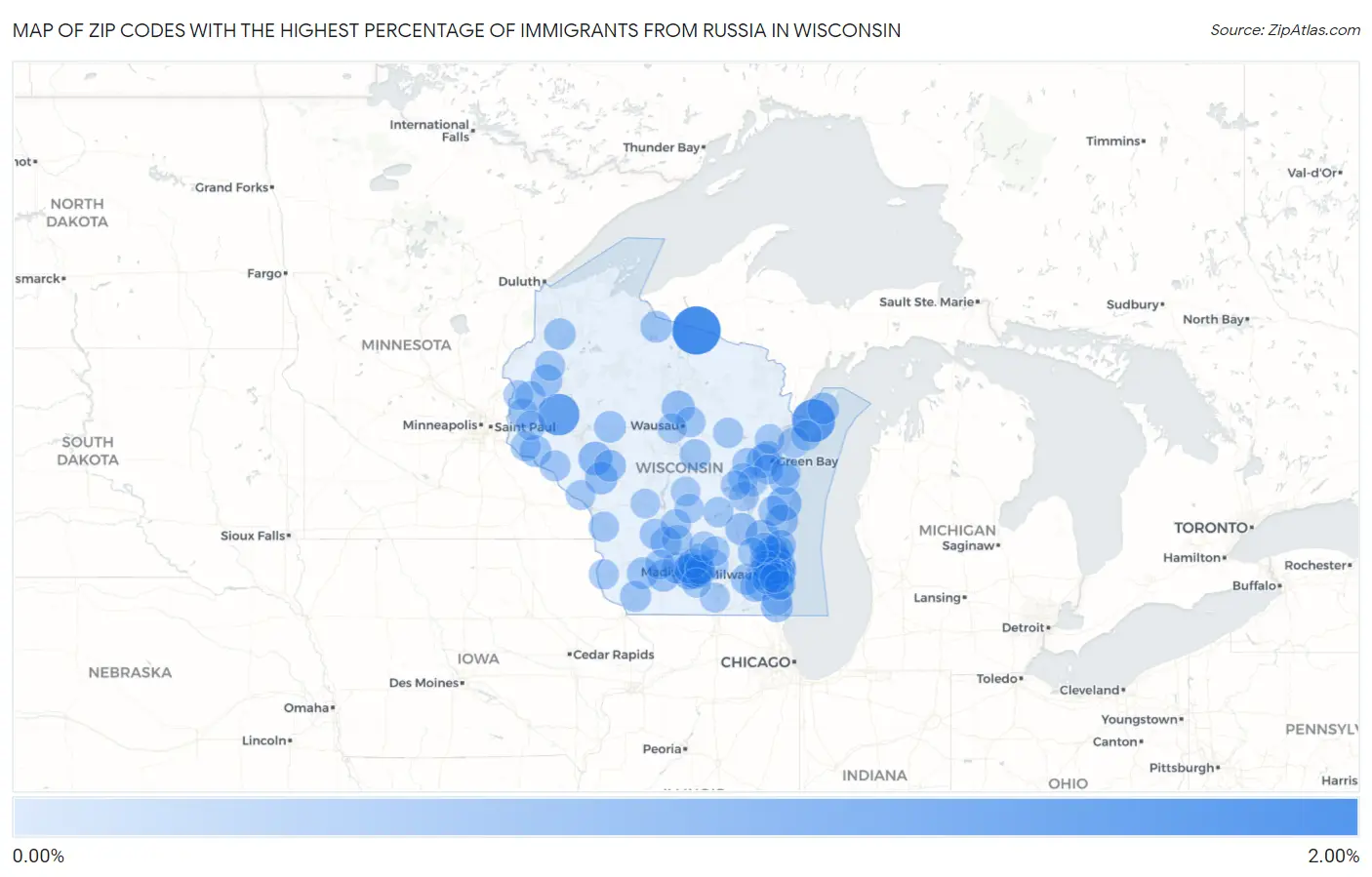 Zip Codes with the Highest Percentage of Immigrants from Russia in Wisconsin Map