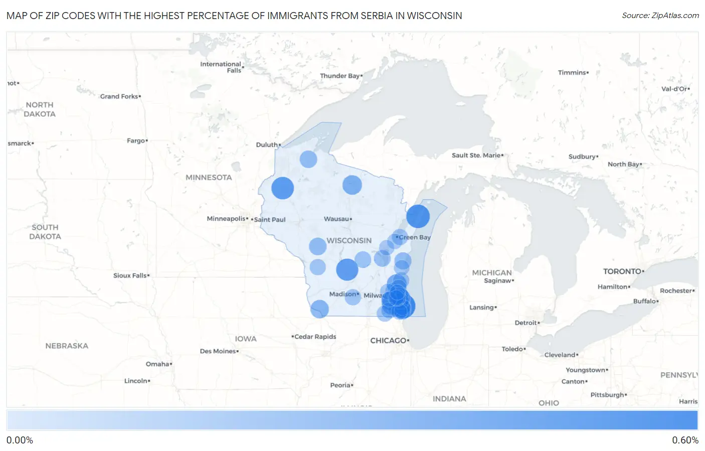 Zip Codes with the Highest Percentage of Immigrants from Serbia in Wisconsin Map