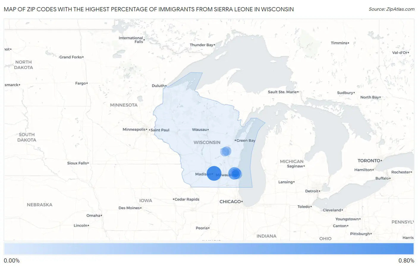 Zip Codes with the Highest Percentage of Immigrants from Sierra Leone in Wisconsin Map