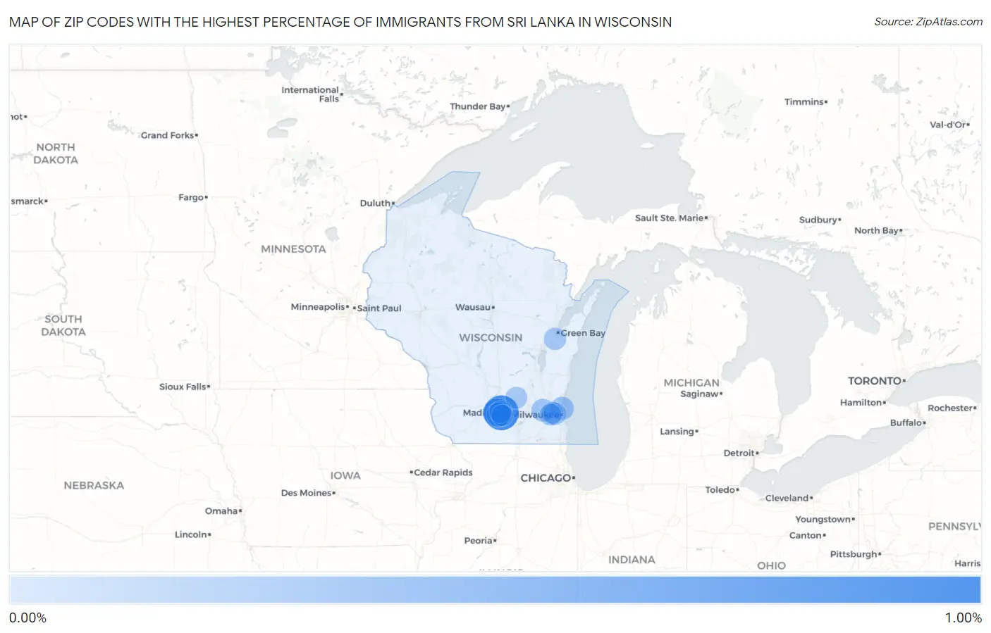 Zip Codes with the Highest Percentage of Immigrants from Sri Lanka in Wisconsin Map
