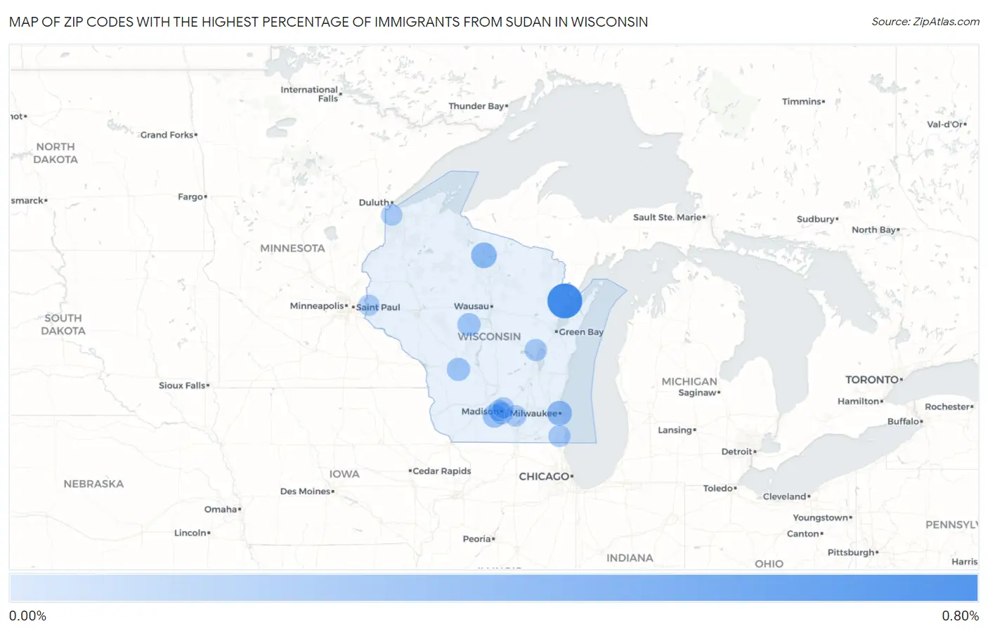 Zip Codes with the Highest Percentage of Immigrants from Sudan in Wisconsin Map
