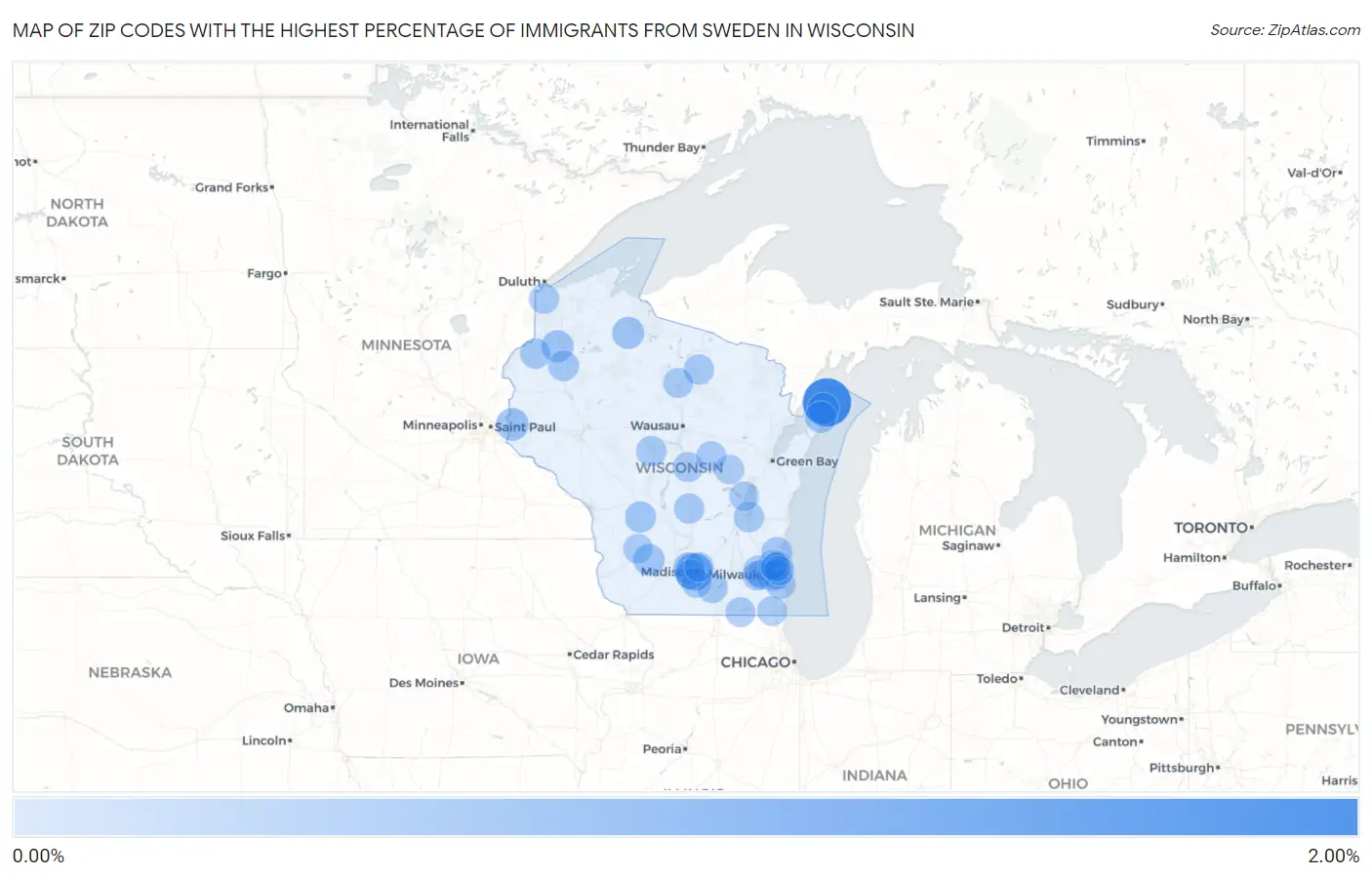 Zip Codes with the Highest Percentage of Immigrants from Sweden in Wisconsin Map