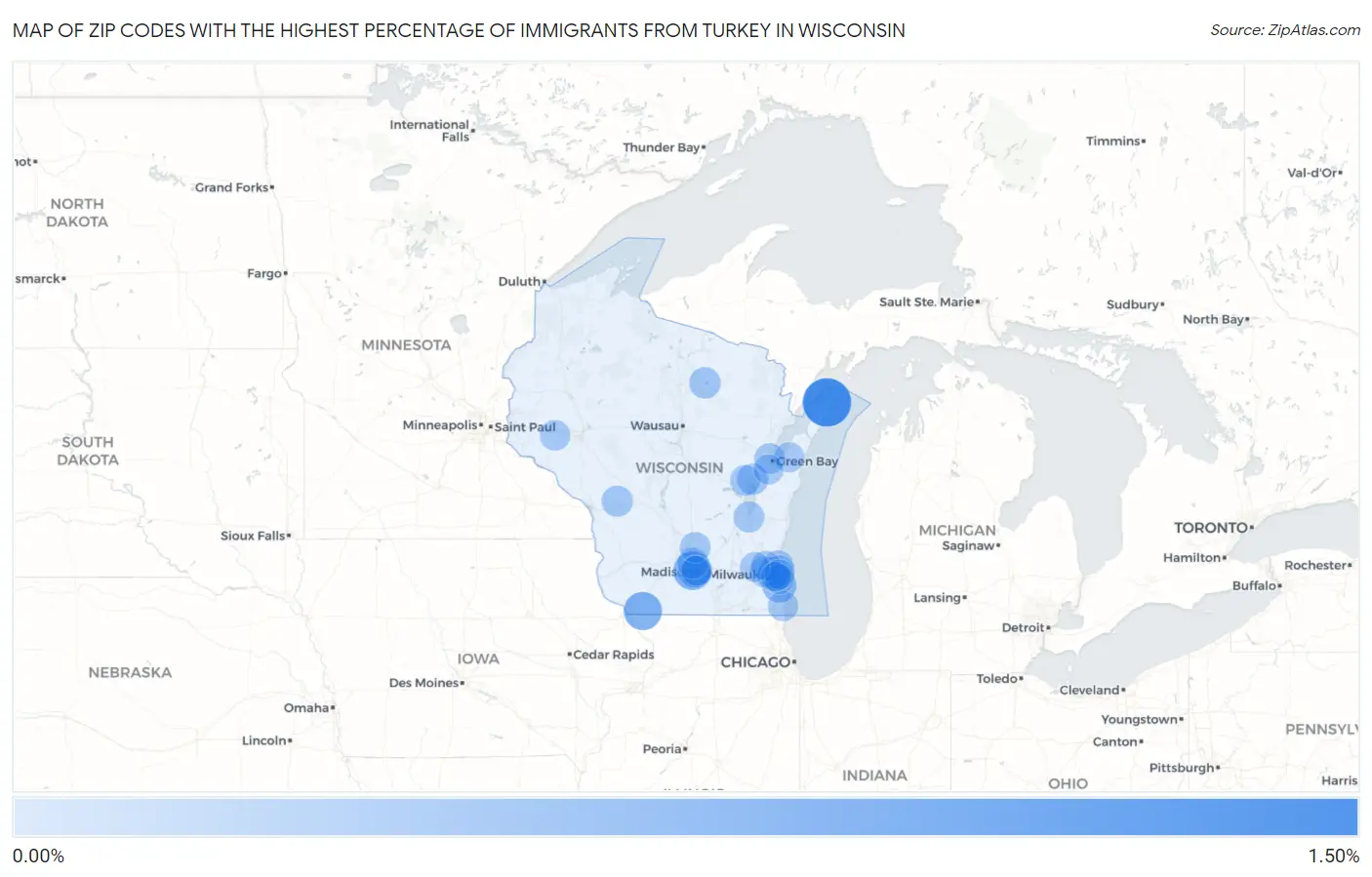 Zip Codes with the Highest Percentage of Immigrants from Turkey in Wisconsin Map
