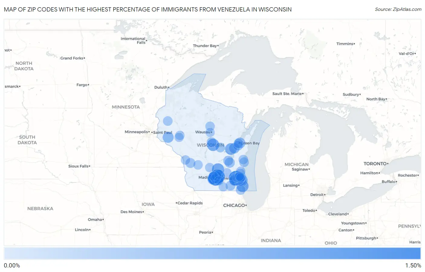 Zip Codes with the Highest Percentage of Immigrants from Venezuela in Wisconsin Map
