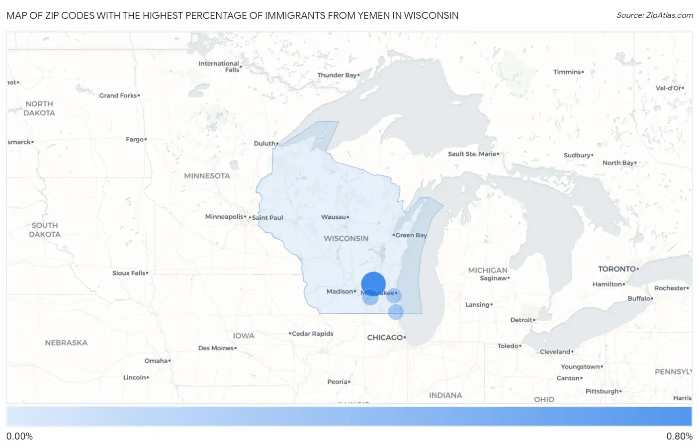 Zip Codes with the Highest Percentage of Immigrants from Yemen in Wisconsin Map