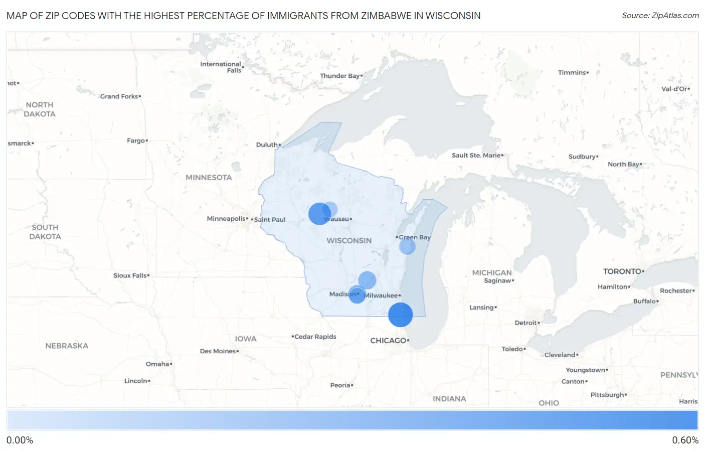 Zip Codes with the Highest Percentage of Immigrants from Zimbabwe in Wisconsin Map