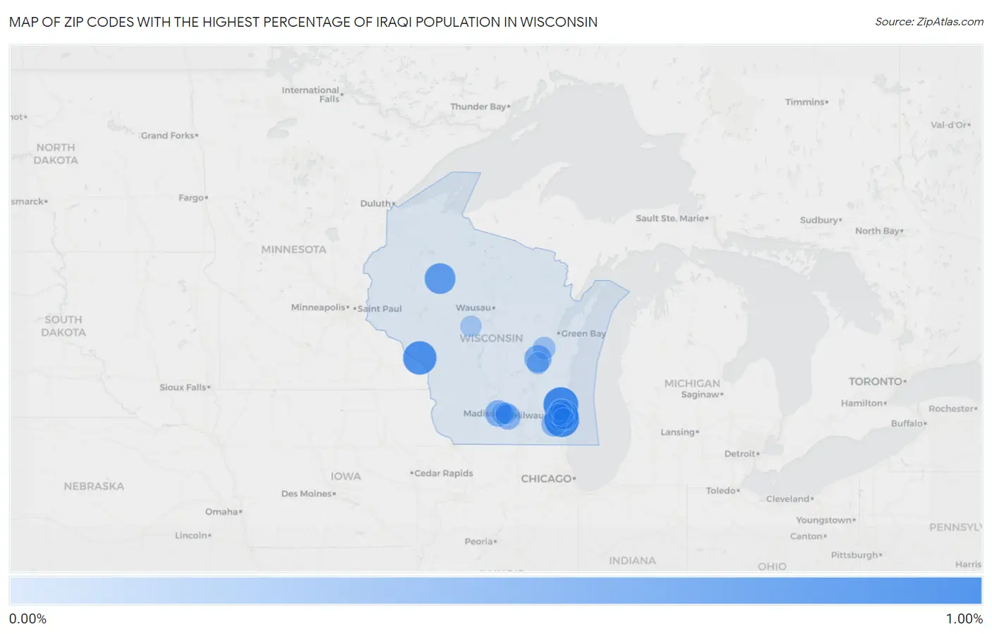 Zip Codes with the Highest Percentage of Iraqi Population in Wisconsin Map