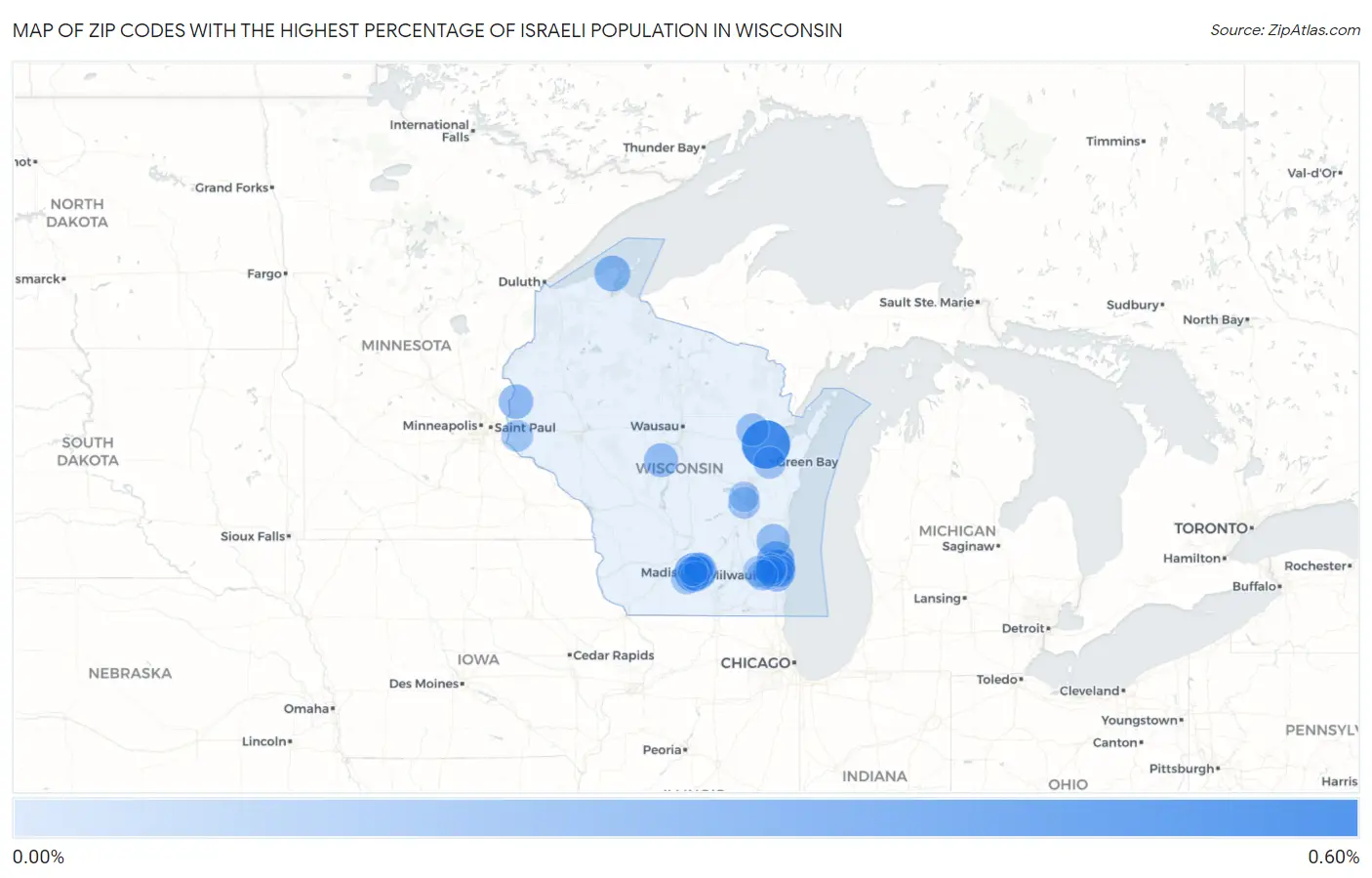 Zip Codes with the Highest Percentage of Israeli Population in Wisconsin Map