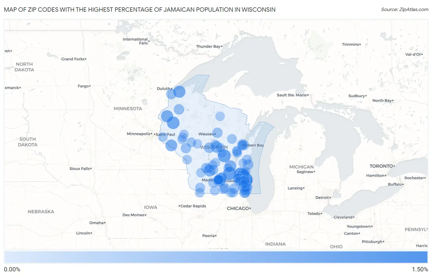 Zip Codes with the Highest Percentage of Jamaican Population in Wisconsin Map