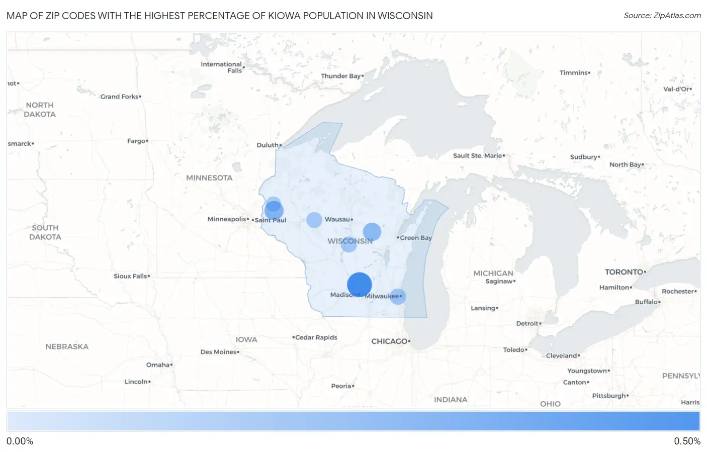 Zip Codes with the Highest Percentage of Kiowa Population in Wisconsin Map