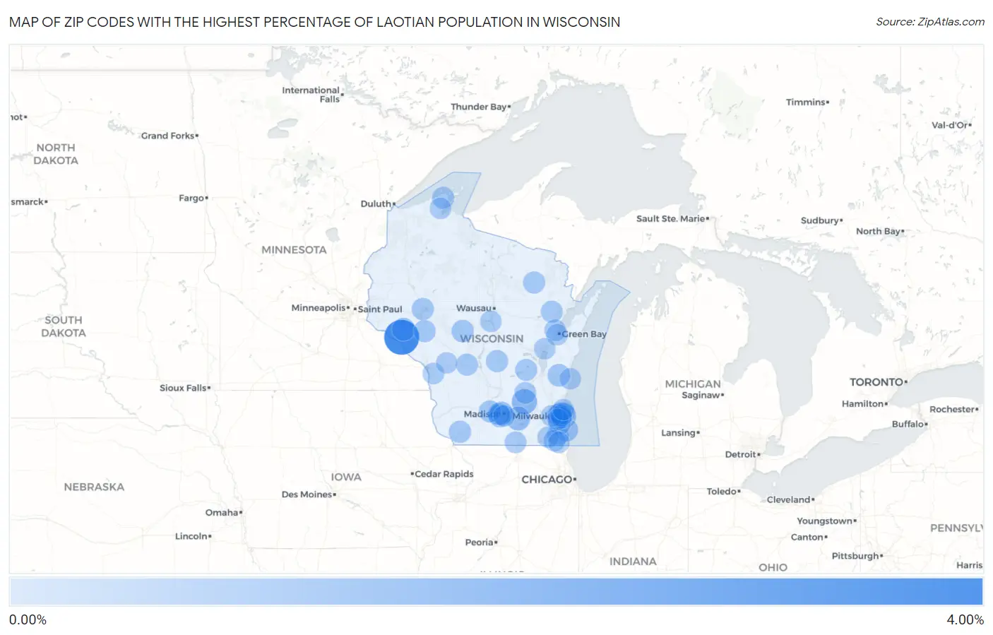 Zip Codes with the Highest Percentage of Laotian Population in Wisconsin Map